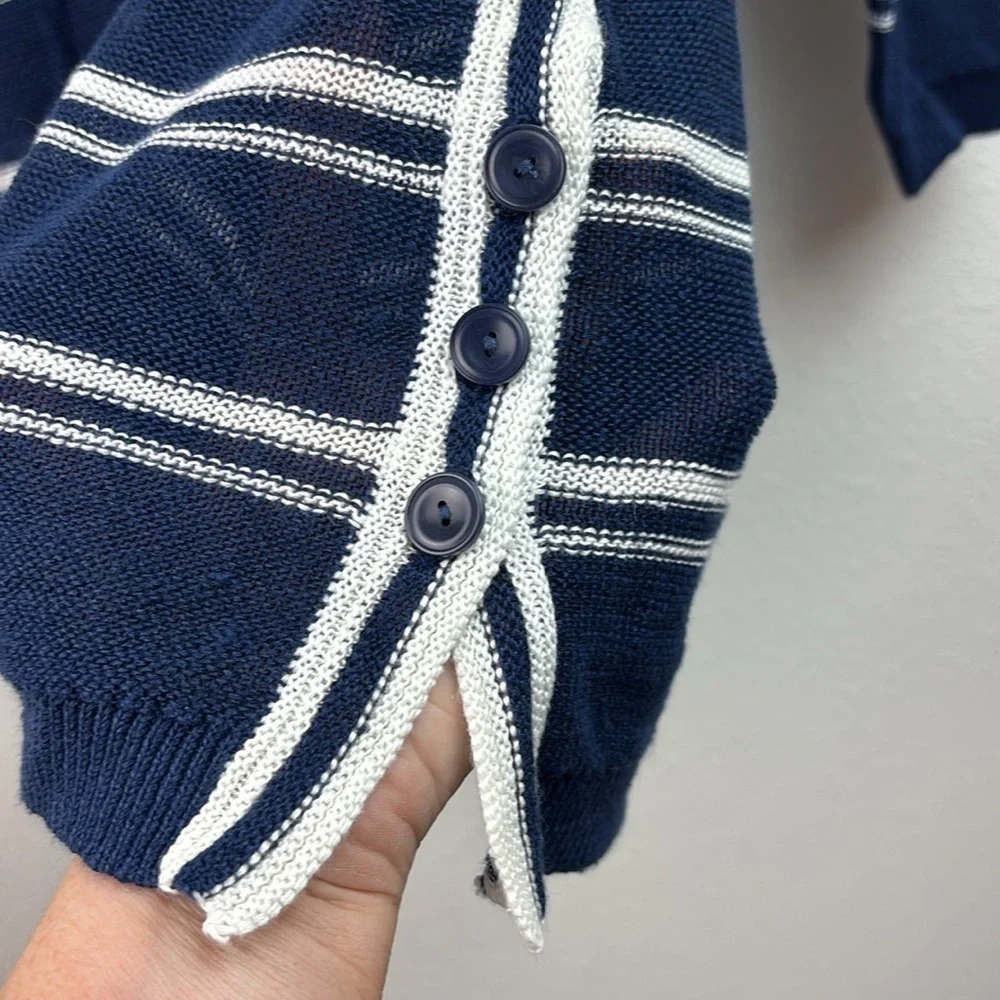 Talbots Navy & White Striped Linen Knit Summer Sweater Top with button sides